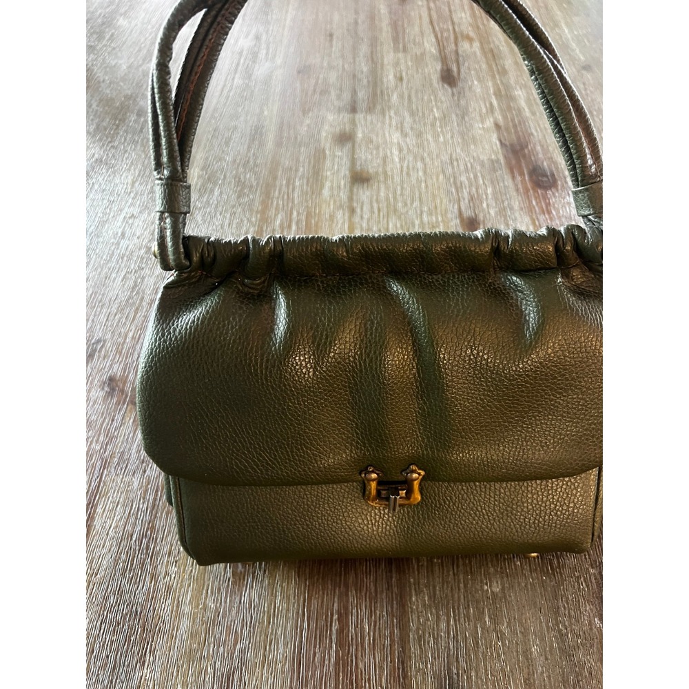 Vintage Pebbled Green Satchel Handbag Brass Turn Lock Top Handle Bag